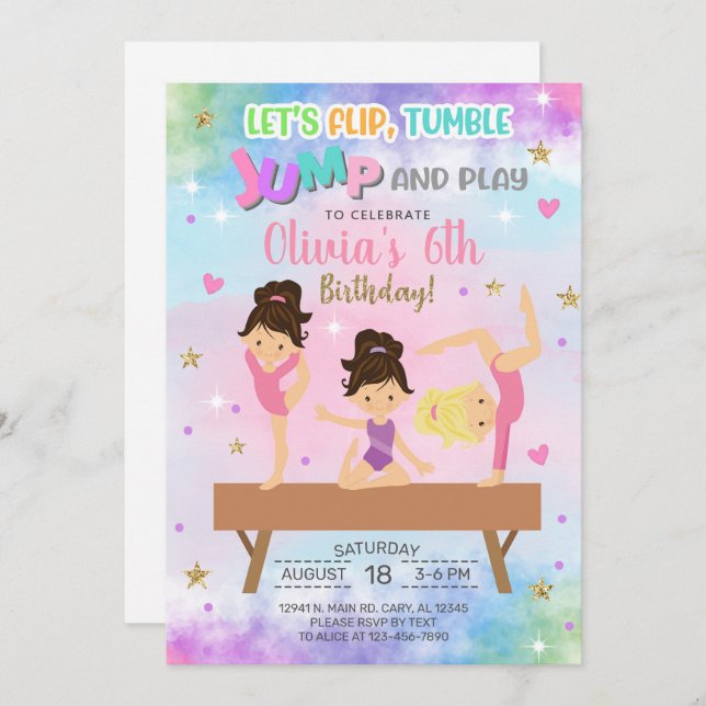 Gymnastics flip tumble jump & play girl birthday. invitation (Front/Back)