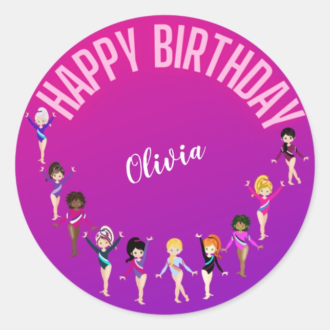 Gymnastics Friends "Happy Birthday" Pink Purple   Classic Round Sticker (Front)