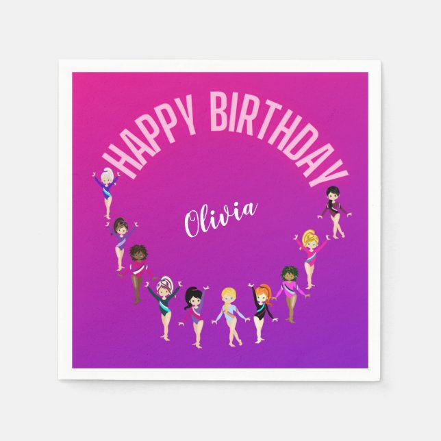 Gymnastics Friends "Happy Birthday" Pink Purple   Napkin (Front)
