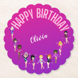 Gymnastics Friends "Happy Birthday" Pink Purple Paper Coaster