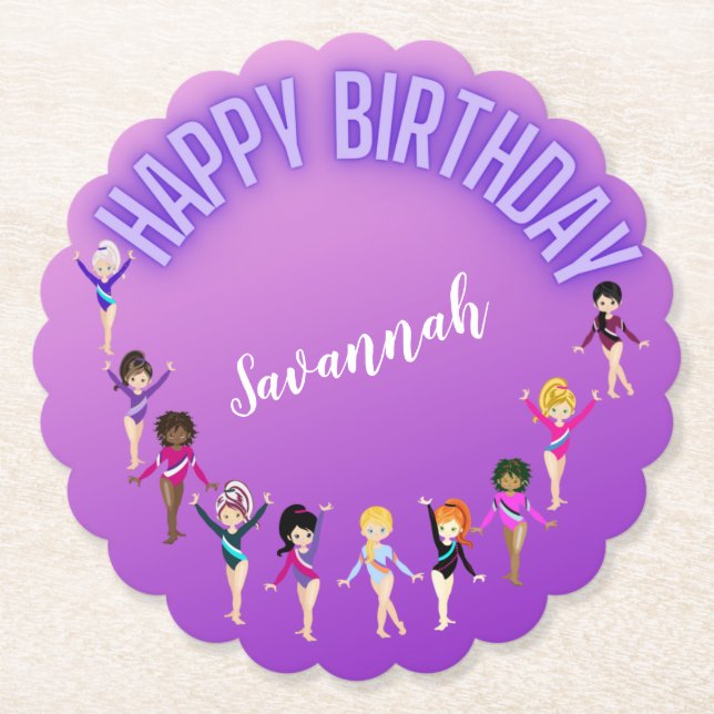 Gymnastics Friends "Happy Birthday" Purple Ombre  Paper Coaster (Front)