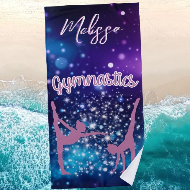 Gymnastics Galaxy Purple Turquoise Personalised Beach Towel (Gymnastics Galaxy Purple Turquoise Personalized Beach Towel)