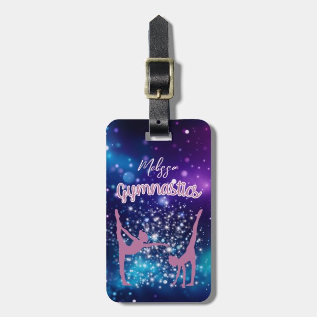 Gymnastics Galaxy Purple Turquoise Personalised Luggage Tag (Front Vertical)