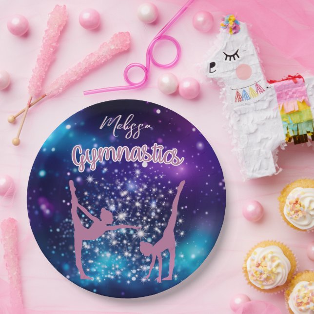 Gymnastics Galaxy Purple Turquoise Personalised Paper Plate (Party)