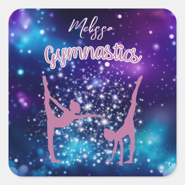 Gymnastics Galaxy Purple Turquoise Personalised Square Sticker (Front)
