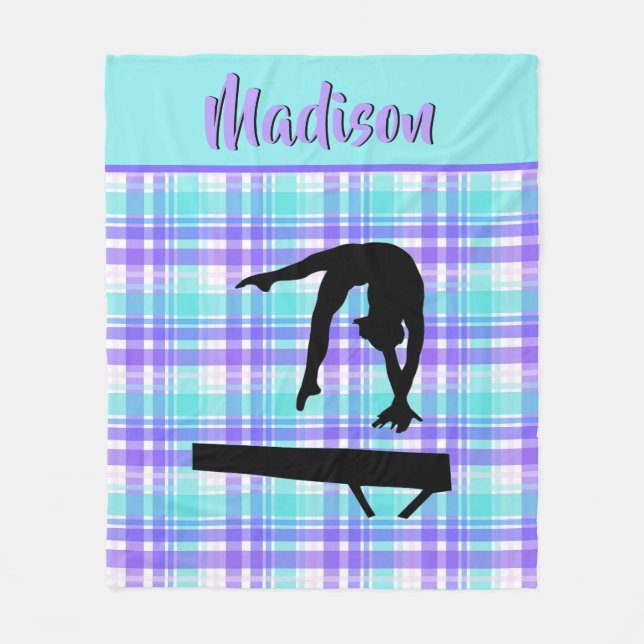 Gymnastics Girl Lilac Purple and Aqua Personalised Fleece Blanket (Front)