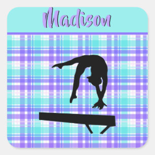 Gymnastics Girl Lilac Purple and Aqua Personalised Square Sticker