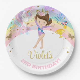 Gymnastics girl & Unicorn birthday paper plates. Plate