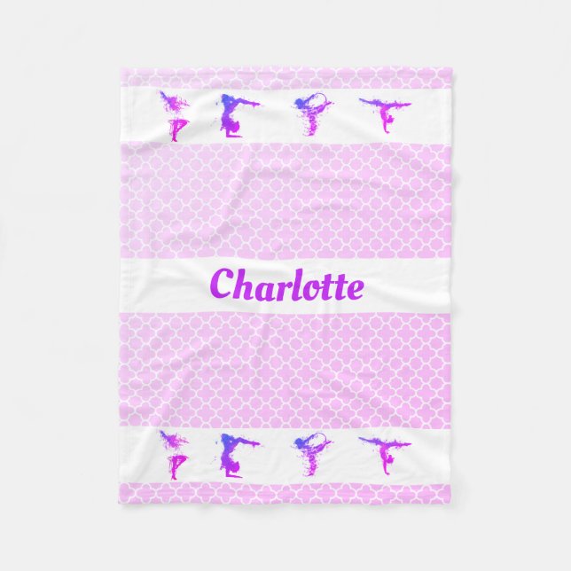 Gymnastics Girls Name Purple Pink Quatrefoil Fleece Blanket (Front)