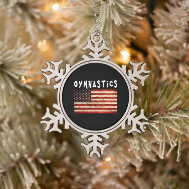 Gymnastics Grunge American USA Flag Snowflake Pewter Christmas Ornament (Tree)
