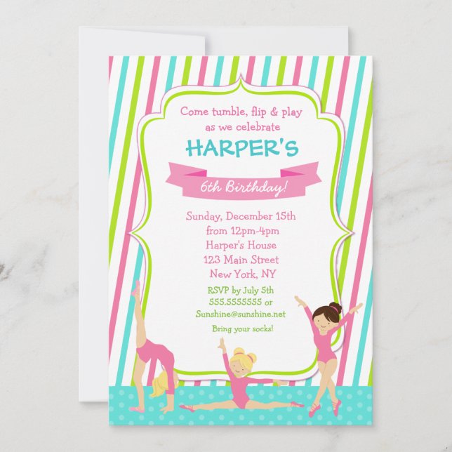 Gymnastics Gymnast Birthday Party Invitations (Front)