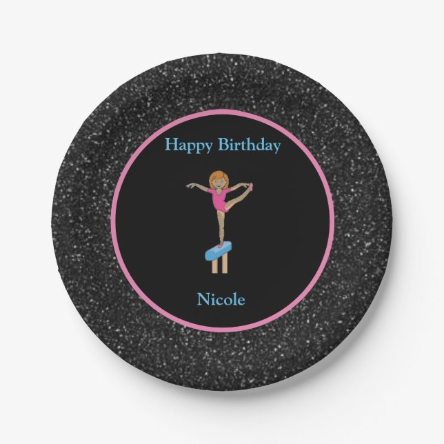 Gymnastics "Happy Birthday" Black Sparkle Paper Plate (Front)
