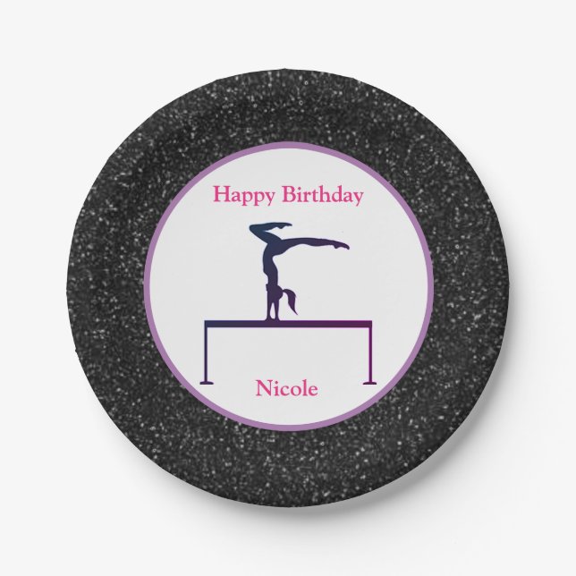 Gymnastics "Happy Birthday" Black Sparkle Paper Plate (Front)