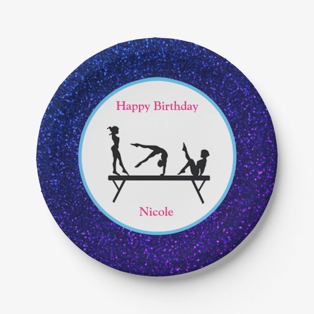 Gymnastics "Happy Birthday" Royal Sparkle Paper Plate (Front)