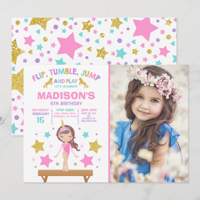 Gymnastics Invitation Unicorn Gymnastics Party (Front/Back)
