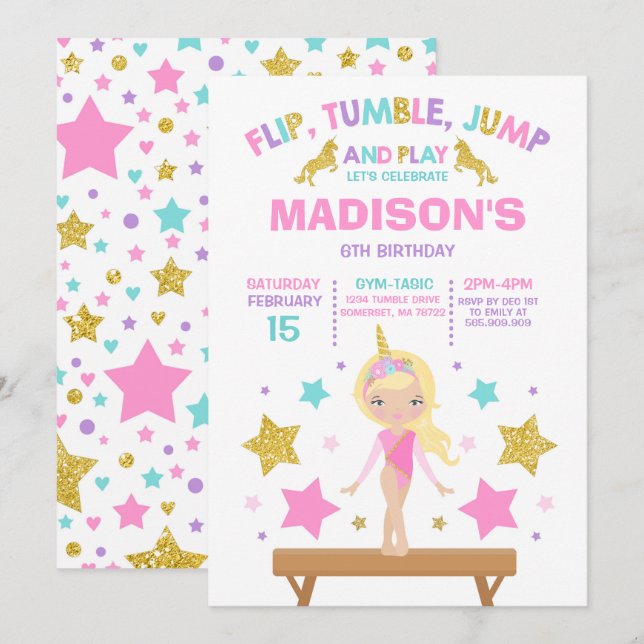 Gymnastics Invitation Unicorn Gymnastics Party (Front/Back)