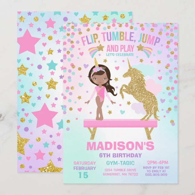 Gymnastics Invitation Unicorn Gymnastics Party (Front/Back)