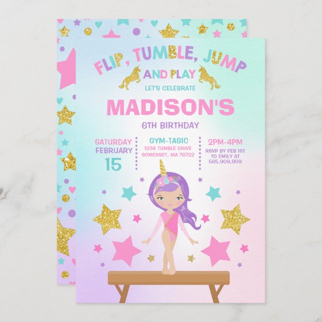 Gymnastics Invitation Unicorn Gymnastics Party (Front/Back)