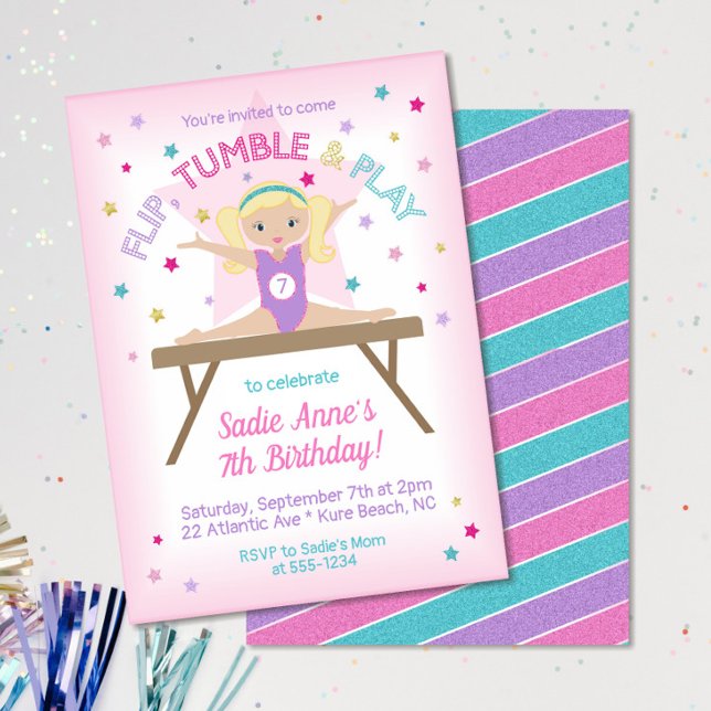 Gymnastics Jump Birthday Party Blonde Invitation (Creator Uploaded)