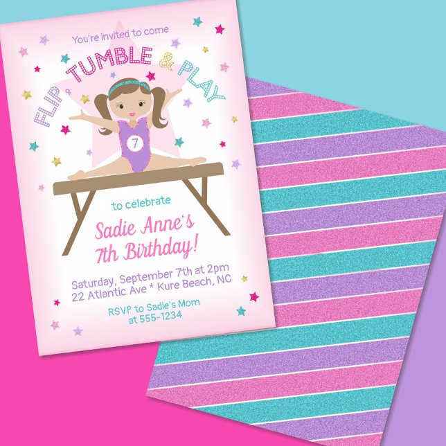Gymnastics Jump Birthday Party Brunette Invitation (Creator Uploaded)