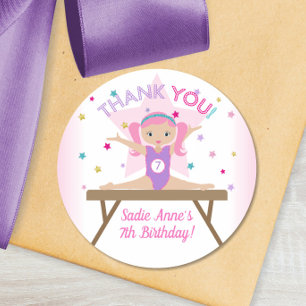 Gymnastics Jump Birthday Party Pink Hair Thank You Classic Round Sticker