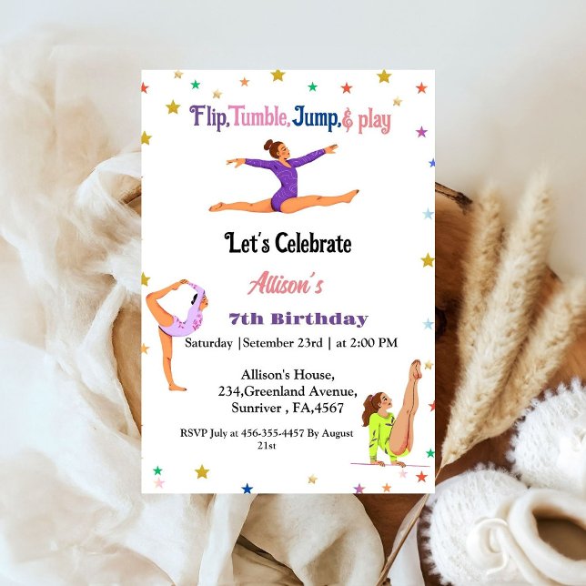 Gymnastics  jump Cartwheels girl birthday party Invitation (Creator Uploaded)