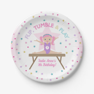 Gymnastics Jump Pink Hair Birthday Party Paper Plate