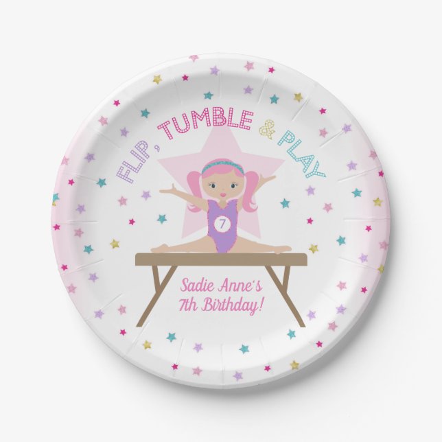 Gymnastics Jump Pink Hair Birthday Party Paper Plate (Front)