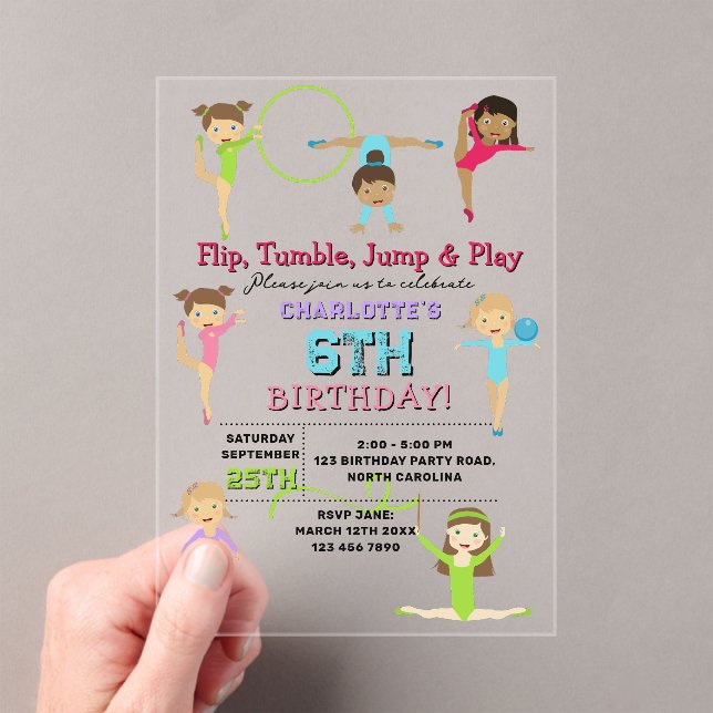 Gymnastics Kids Girl Birthday Party Theme Acrylic Invitations (Insitu (Handheld))