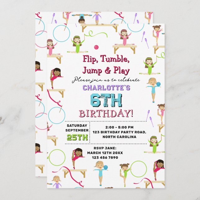 Gymnastics Kids Girl Birthday Party Theme Invitation (Front/Back)