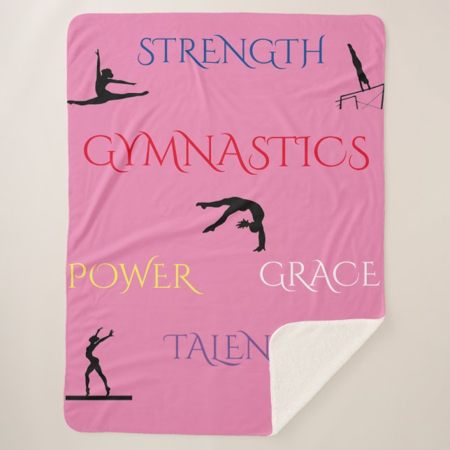 GYMNASTICS LARGE FLEECE SHERPA BLANKET IN PINK. (Front)