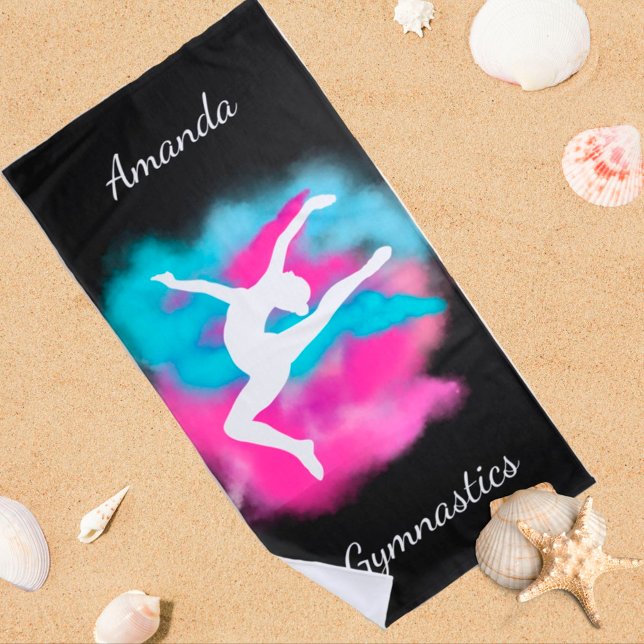 Gymnastics Leap Pink Blue Colour Bomb with Name  Beach Towel (Creator Uploaded)