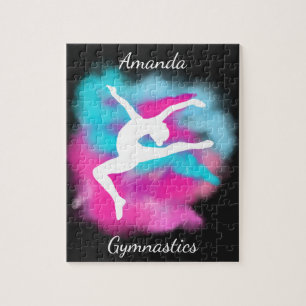 Gymnastics Leap Pink Blue Colour Bomb with Name    Jigsaw Puzzle
