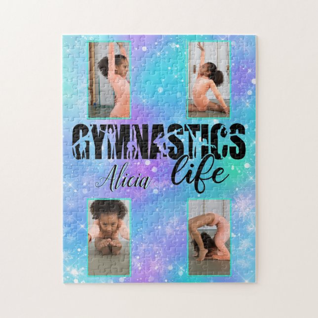 Gymnastics Life Pastel Personalised Name & 4 Photo Jigsaw Puzzle (Vertical)