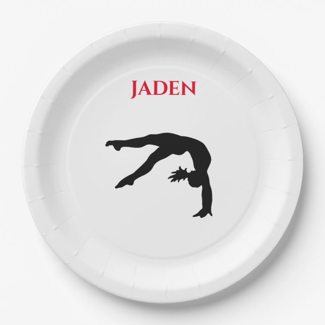 Gymnastics paper plates with personalised name. (Front)