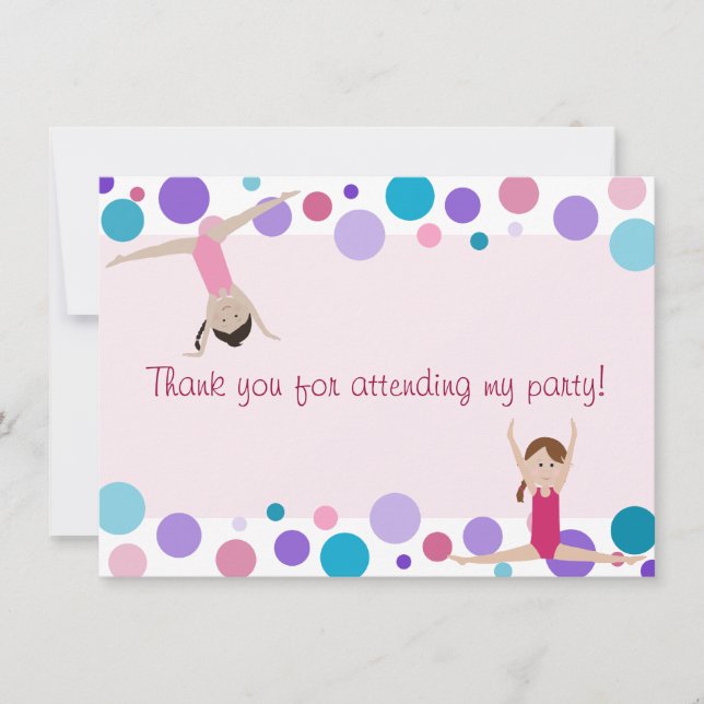 Gymnastics Party Flat Thank You in Aqua and Pinks Card (Front)