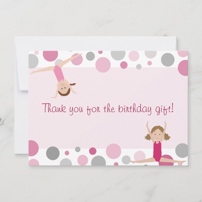 Gymnastics Party Flat Thank You in Pink and Grey Card (Front)