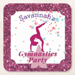 Gymnastics Party Glitter & Stars Square Paper Coaster