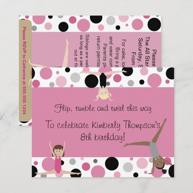 Gymnastics Party In Pink, Grey & Black Invitation (Front/Back)