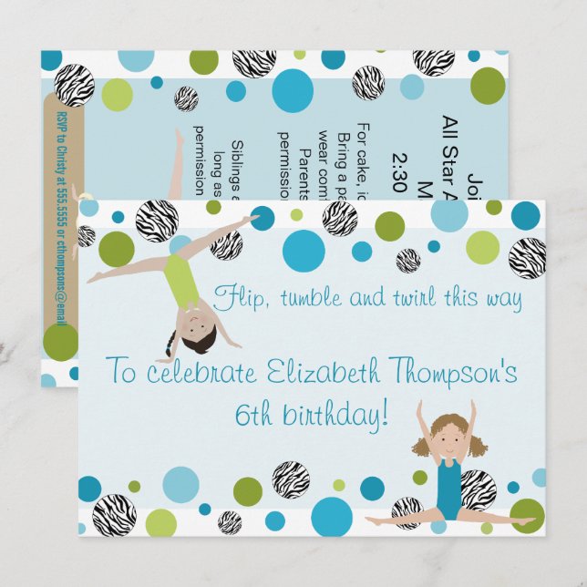 Gymnastics Party Invitation Black, Aqua and Green (Front/Back)