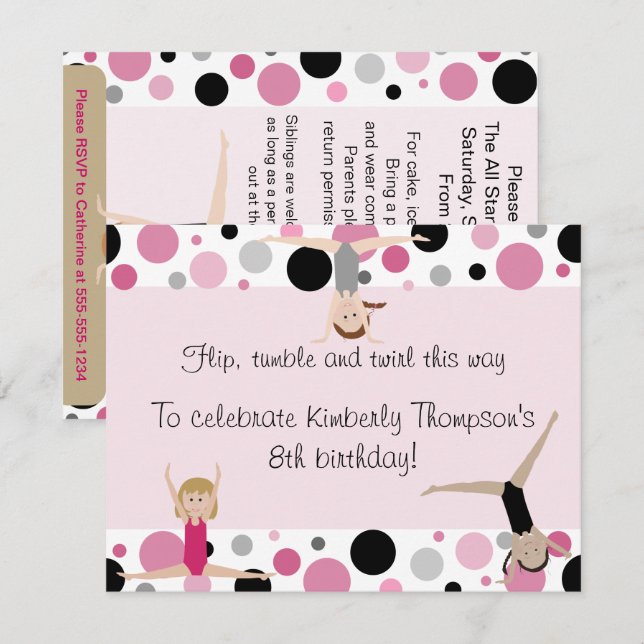 Gymnastics Party Invitation Pink, Grey & Black (Front/Back)