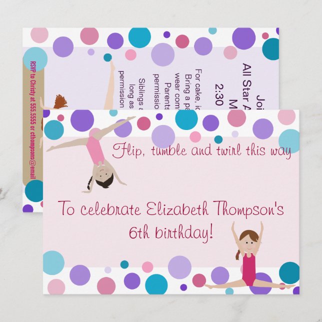 Gymnastics Party Invitation Purple, Teal and Pinks (Front/Back)