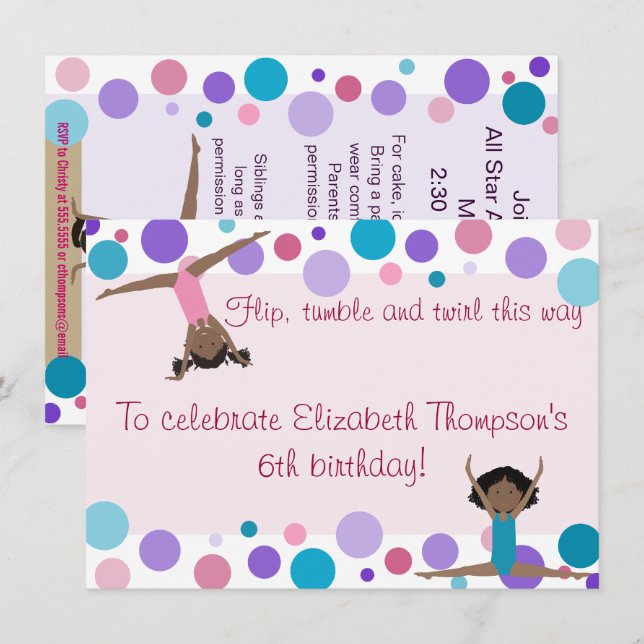 Gymnastics Party Invitation Purple, Teal and Pinks (Front/Back)