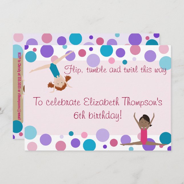 Gymnastics Party Invitation Purple, Teal and Pinks (Front/Back)
