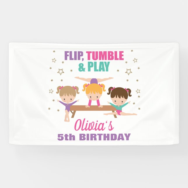 Gymnastics Pink Purple Turquoise Girl Birthday Banner (Horizontal)