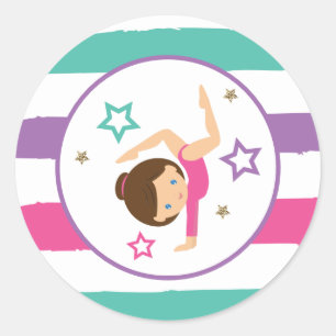 Gymnastics Pink Purple Turquoise Girl Birthday Cla Classic Round Sticker