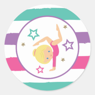 Gymnastics Pink Purple Turquoise Girl Birthday Classic Round Sticker