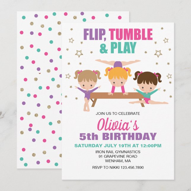Gymnastics Pink Purple Turquoise Girl Birthday Invitation (Front/Back)