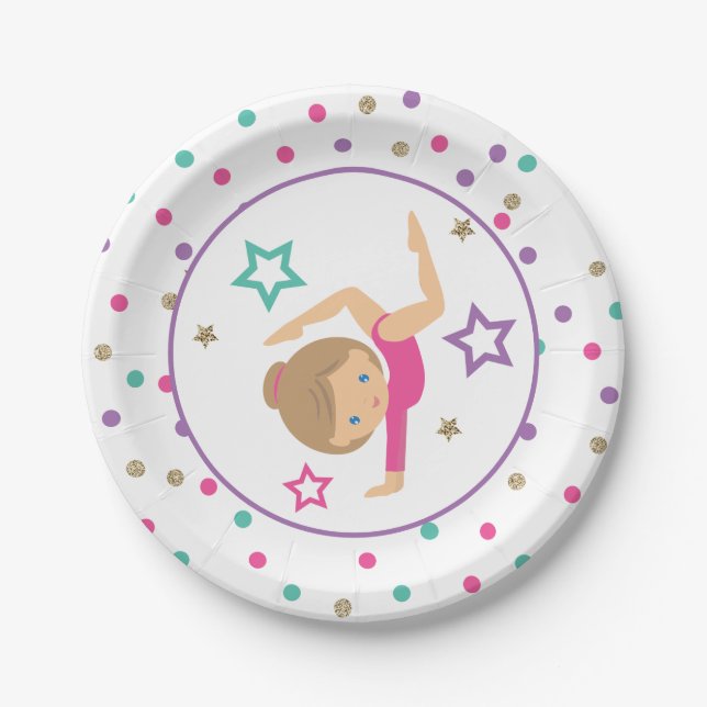 Gymnastics Pink Purple Turquoise Girl Birthday Pap Paper Plate (Front)