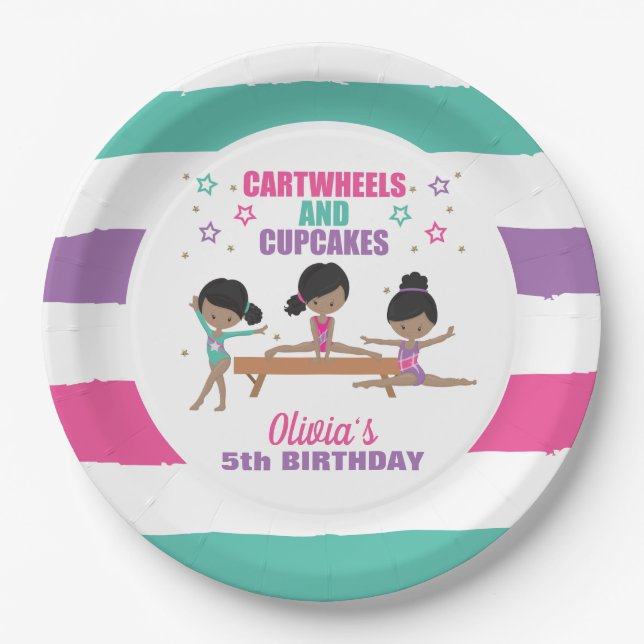 Gymnastics Pink Purple Turquoise Girl Birthday Pap Paper Plate (Front)